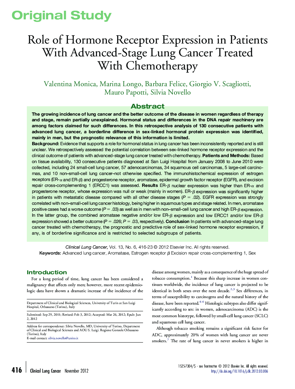 Role of Hormone Receptor Expression in Patients With Advanced-Stage Lung Cancer Treated With Chemotherapy