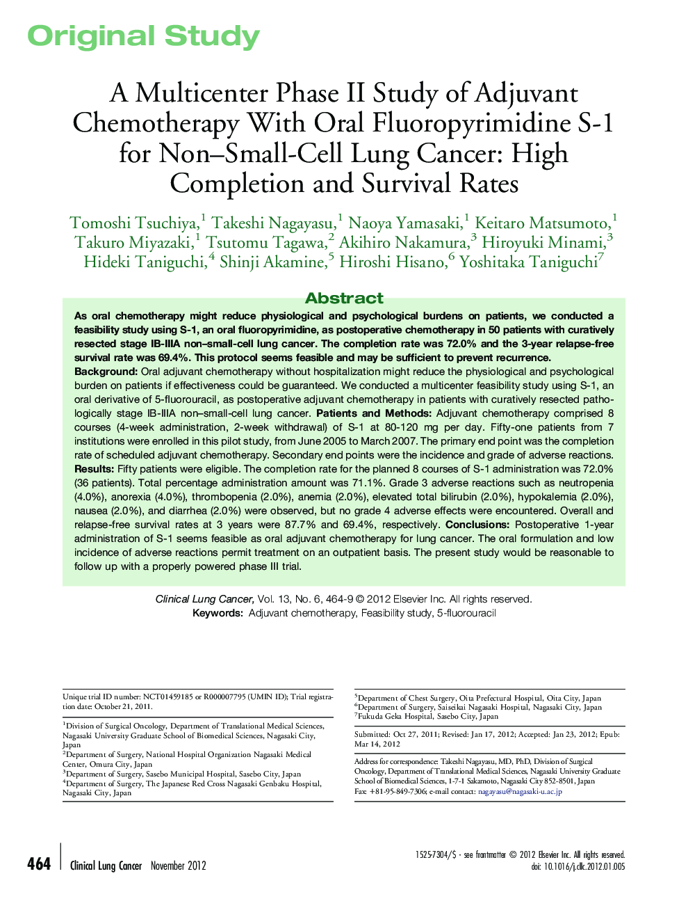 A Multicenter Phase II Study of Adjuvant Chemotherapy With Oral Fluoropyrimidine S-1 for Non–Small-Cell Lung Cancer: High Completion and Survival Rates 