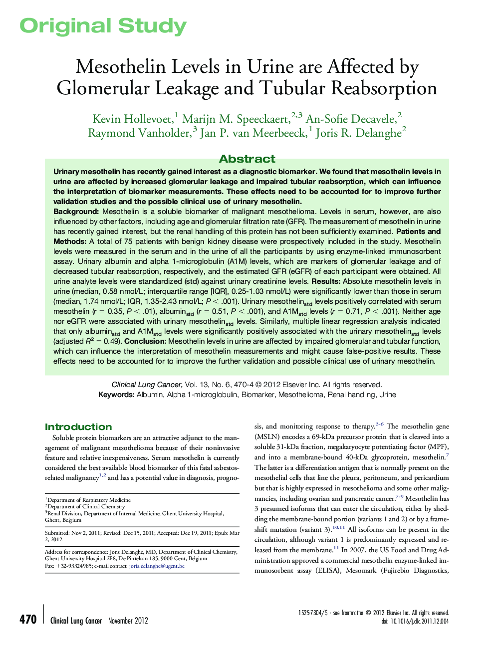 Mesothelin Levels in Urine are Affected by Glomerular Leakage and Tubular Reabsorption
