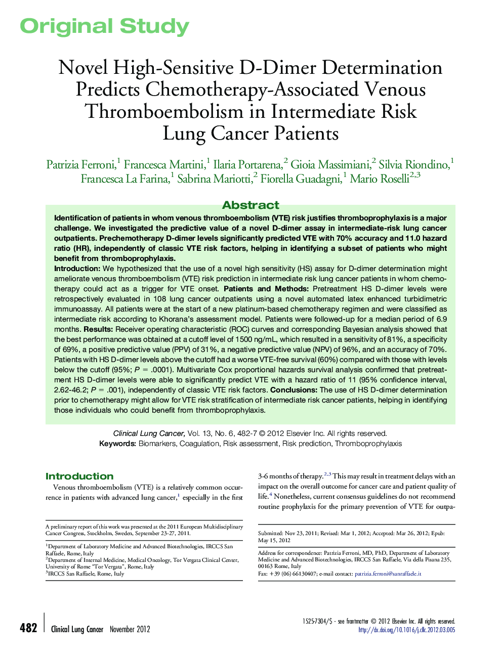 Novel High-Sensitive D-Dimer Determination Predicts Chemotherapy-Associated Venous Thromboembolism in Intermediate Risk Lung Cancer Patients