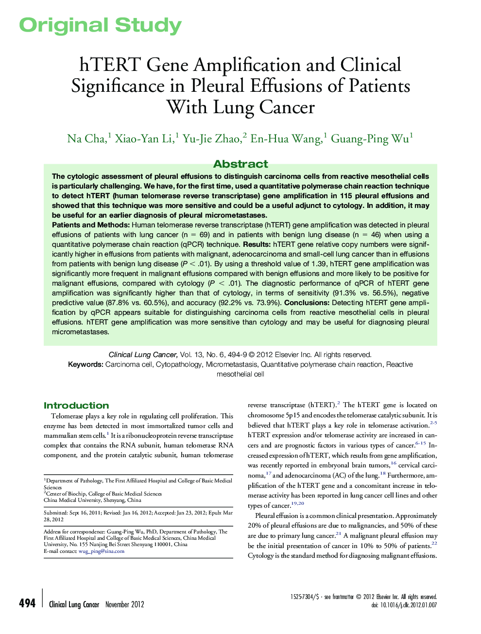 hTERT Gene Amplification and Clinical Significance in Pleural Effusions of Patients With Lung Cancer