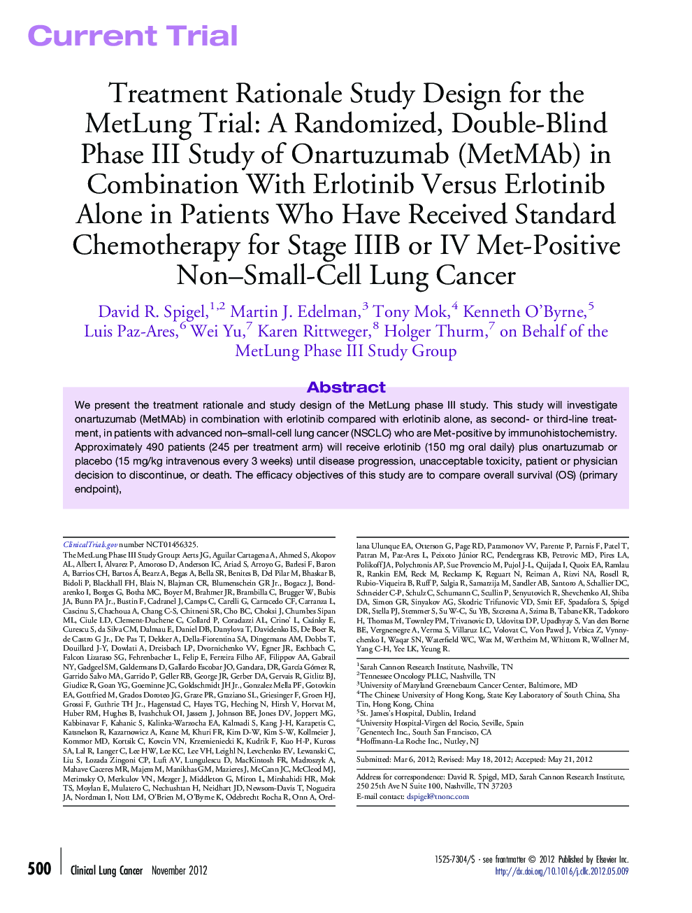 Treatment Rationale Study Design for the MetLung Trial: A Randomized, Double-Blind Phase III Study of Onartuzumab (MetMAb) in Combination With Erlotinib Versus Erlotinib Alone in Patients Who Have Received Standard Chemotherapy for Stage IIIB or IV Met-Po
