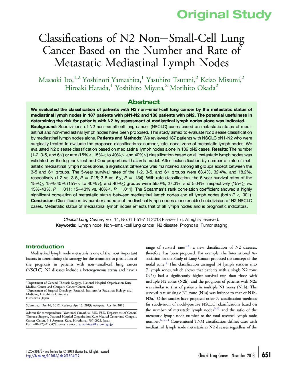 Classifications of N2 Non–Small-Cell Lung Cancer Based on the Number and Rate of Metastatic Mediastinal Lymph Nodes