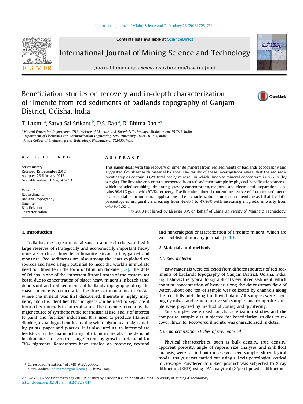 Beneficiation studies on recovery and in-depth characterization of ilmenite from red sediments of badlands topography of Ganjam District, Odisha, India