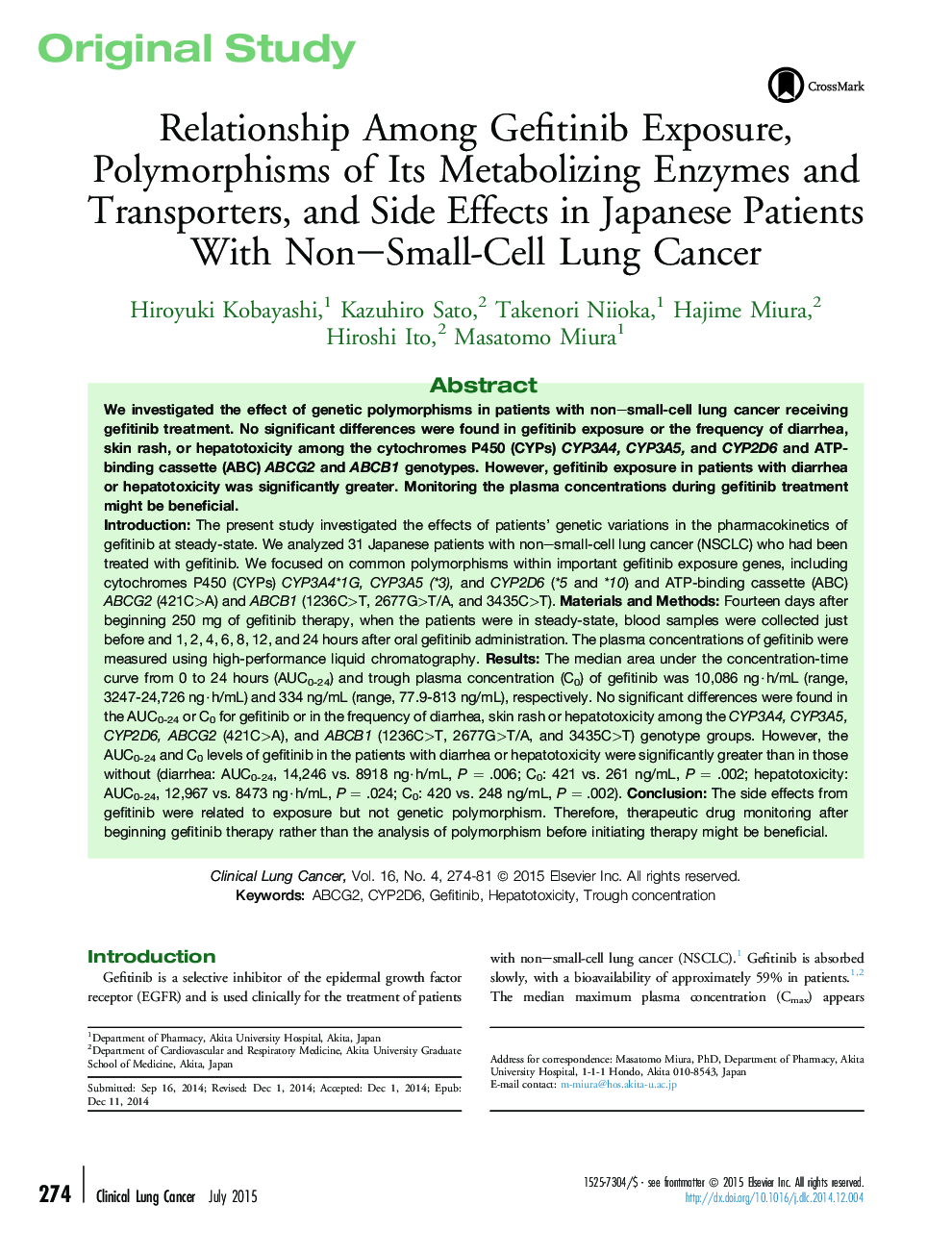 Relationship Among Gefitinib Exposure, Polymorphisms of Its Metabolizing Enzymes and Transporters, and Side Effects in Japanese Patients With Non–Small-Cell Lung Cancer