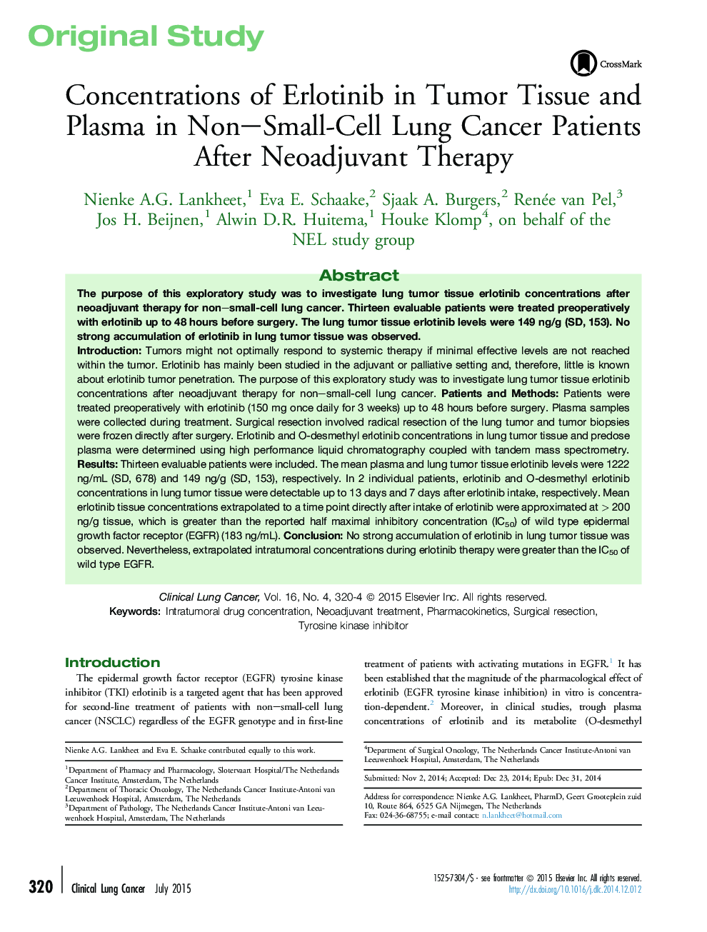 Concentrations of Erlotinib in Tumor Tissue and Plasma in Non–Small-Cell Lung Cancer Patients After Neoadjuvant Therapy 