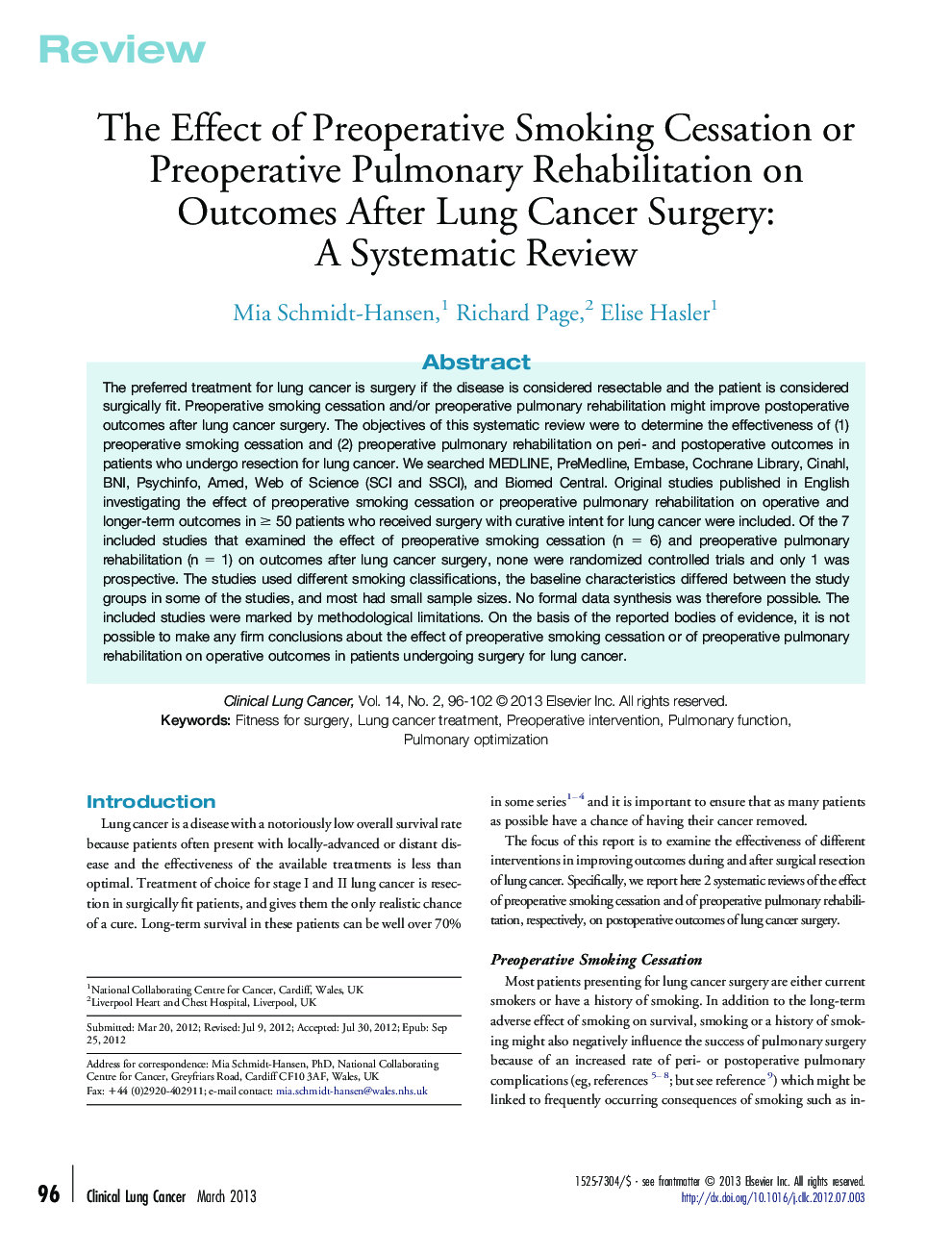 The Effect of Preoperative Smoking Cessation or Preoperative Pulmonary Rehabilitation on Outcomes After Lung Cancer Surgery: A Systematic Review