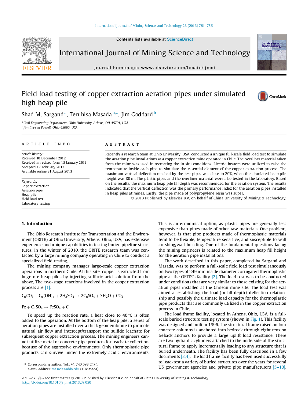 Field load testing of copper extraction aeration pipes under simulated high heap pile