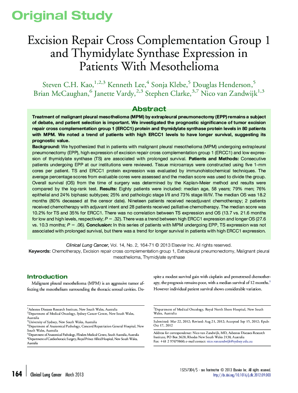 Excision Repair Cross Complementation Group 1 and Thymidylate Synthase Expression in Patients With Mesothelioma