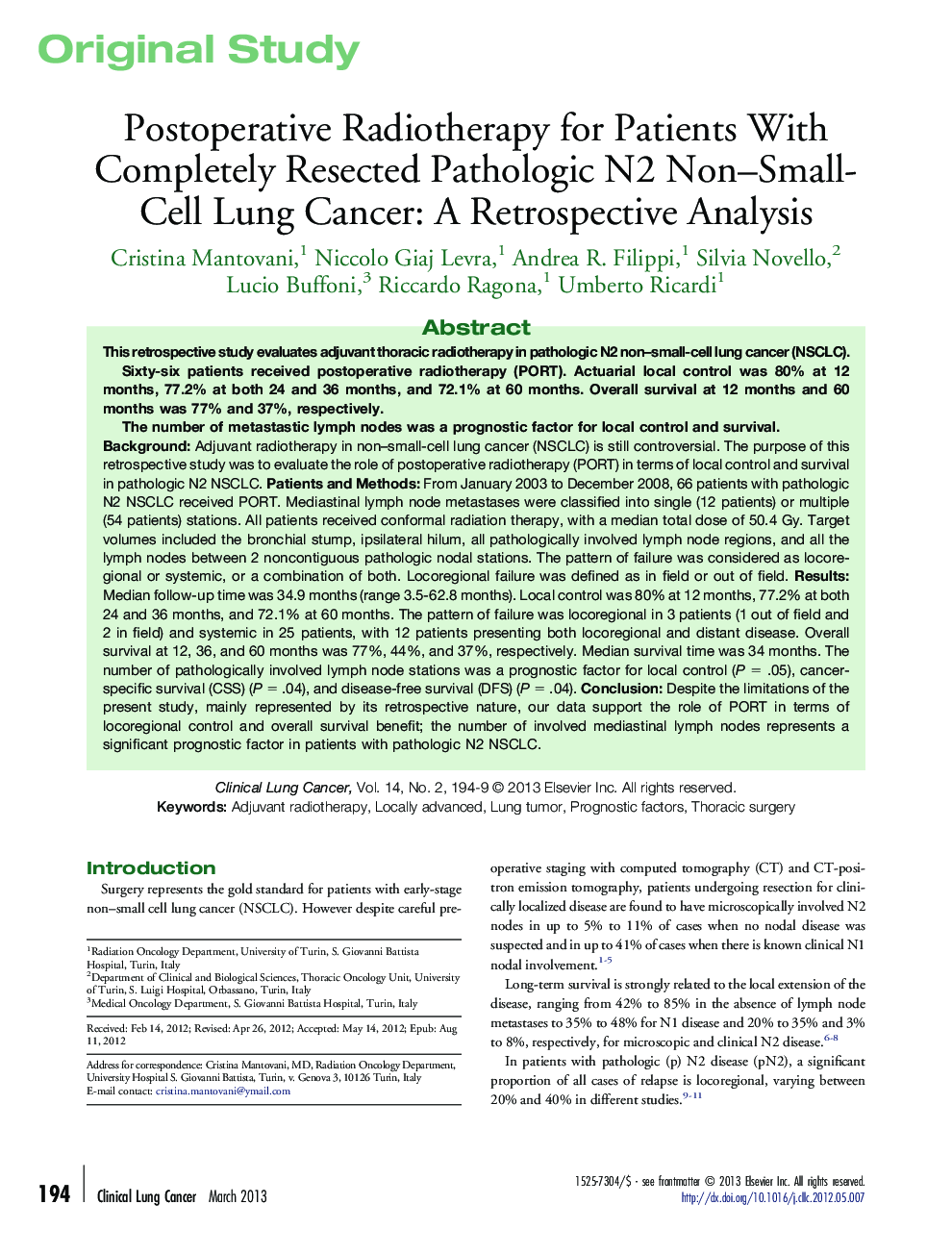 Postoperative Radiotherapy for Patients With Completely Resected Pathologic N2 Non–Small-Cell Lung Cancer: A Retrospective Analysis