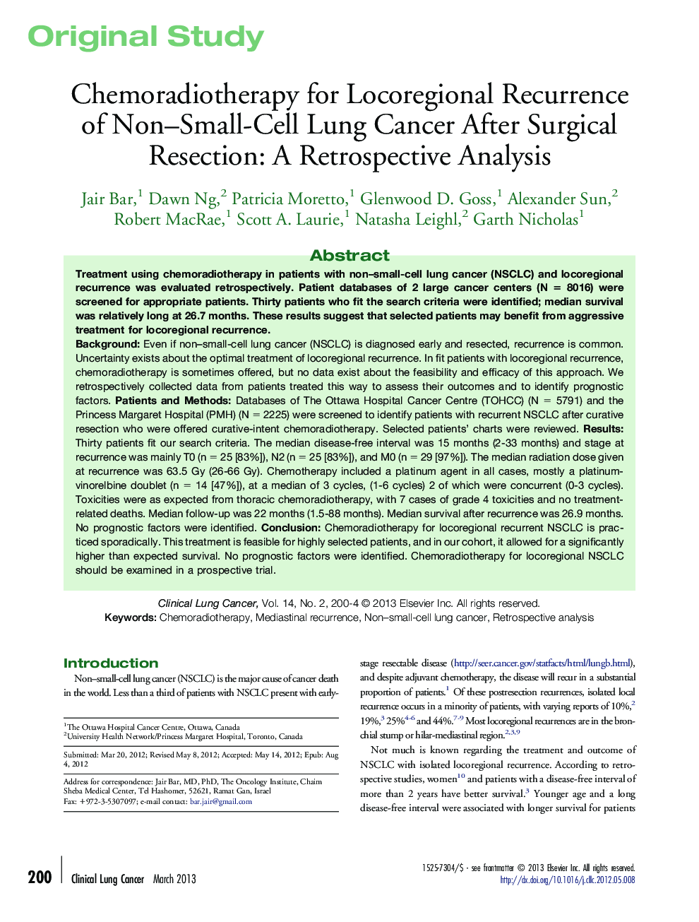 Chemoradiotherapy for Locoregional Recurrence of Non–Small-Cell Lung Cancer After Surgical Resection: A Retrospective Analysis