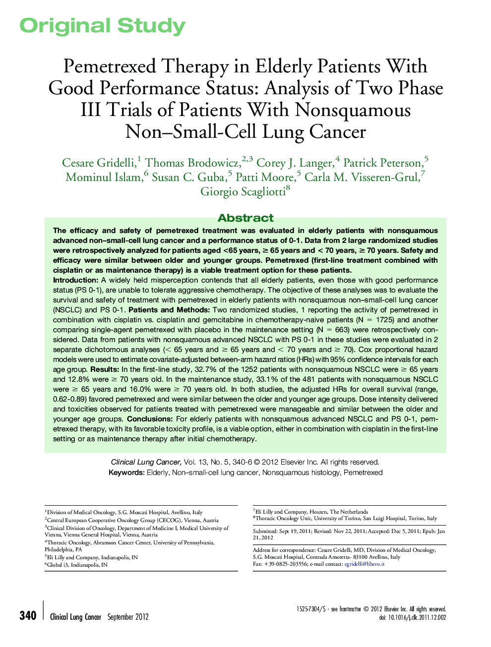 Pemetrexed Therapy in Elderly Patients With Good Performance Status: Analysis of Two Phase III Trials of Patients With Nonsquamous Non–Small-Cell Lung Cancer