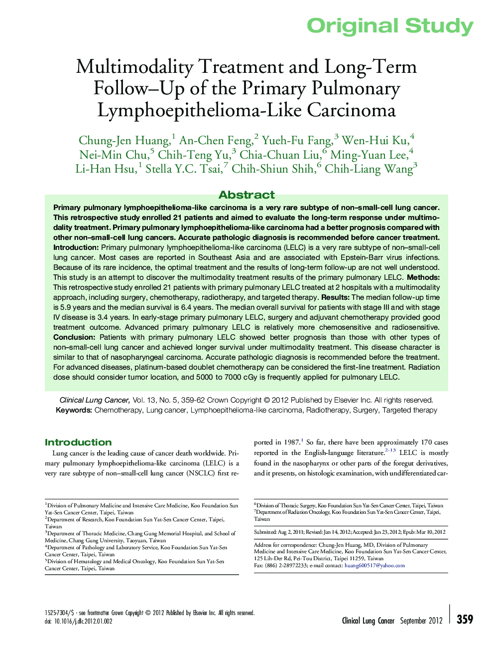 Multimodality Treatment and Long-Term Follow–Up of the Primary Pulmonary Lymphoepithelioma-Like Carcinoma