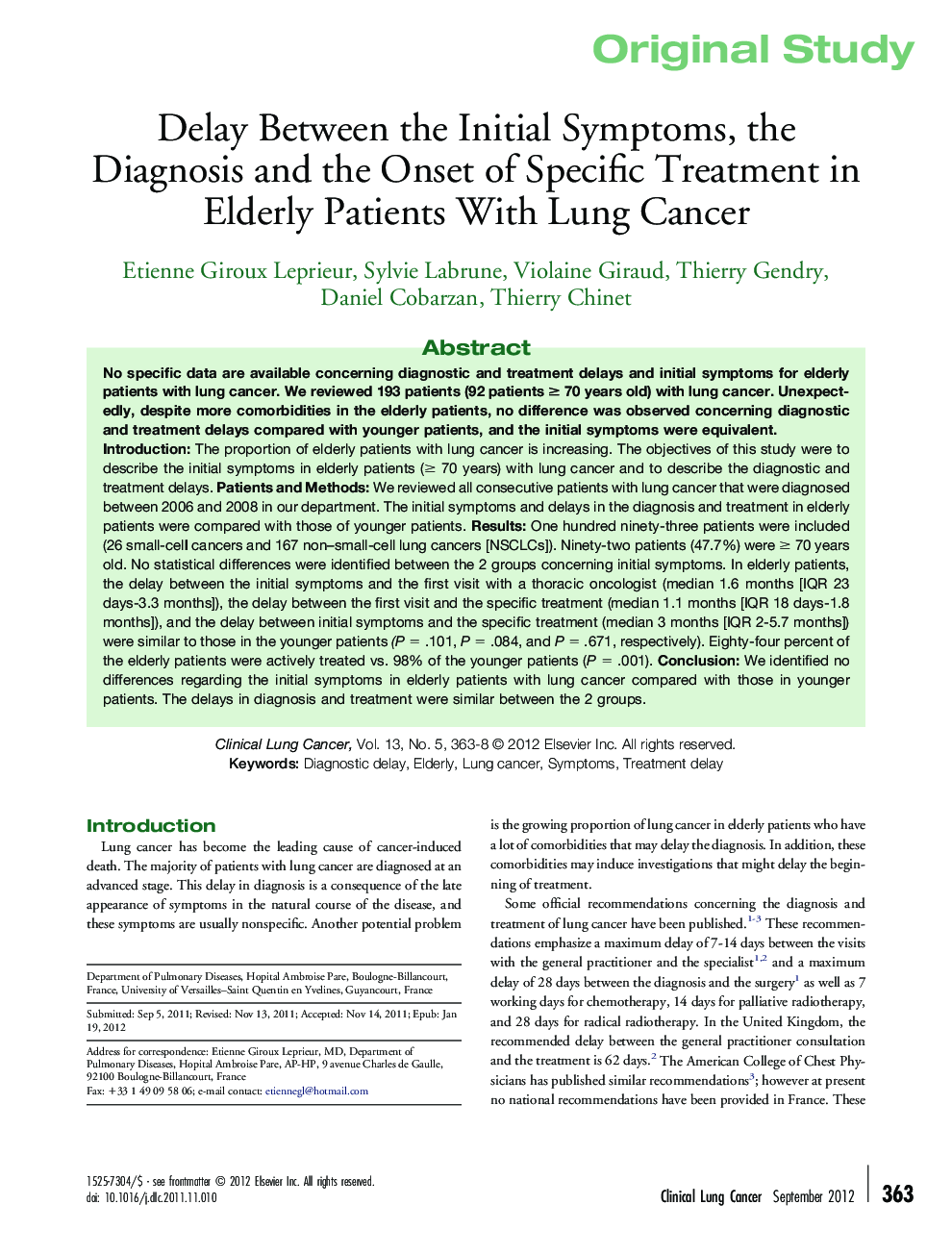 Delay Between the Initial Symptoms, the Diagnosis and the Onset of Specific Treatment in Elderly Patients With Lung Cancer