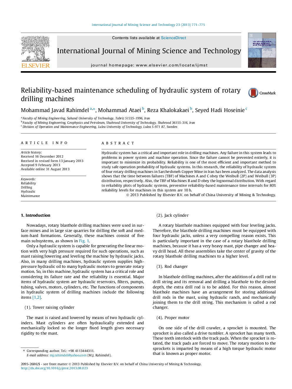 Reliability-based maintenance scheduling of hydraulic system of rotary drilling machines