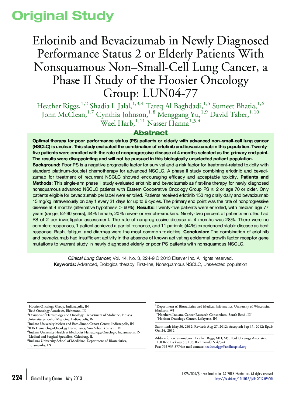 Erlotinib and Bevacizumab in Newly Diagnosed Performance Status 2 or Elderly Patients With Nonsquamous Non–Small-Cell Lung Cancer, a Phase II Study of the Hoosier Oncology Group: LUN04-77