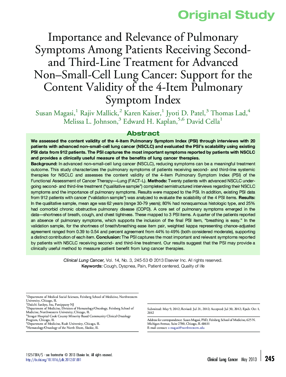 Importance and Relevance of Pulmonary Symptoms Among Patients Receiving Second- and Third-Line Treatment for Advanced Non–Small-Cell Lung Cancer: Support for the Content Validity of the 4-Item Pulmonary Symptom Index