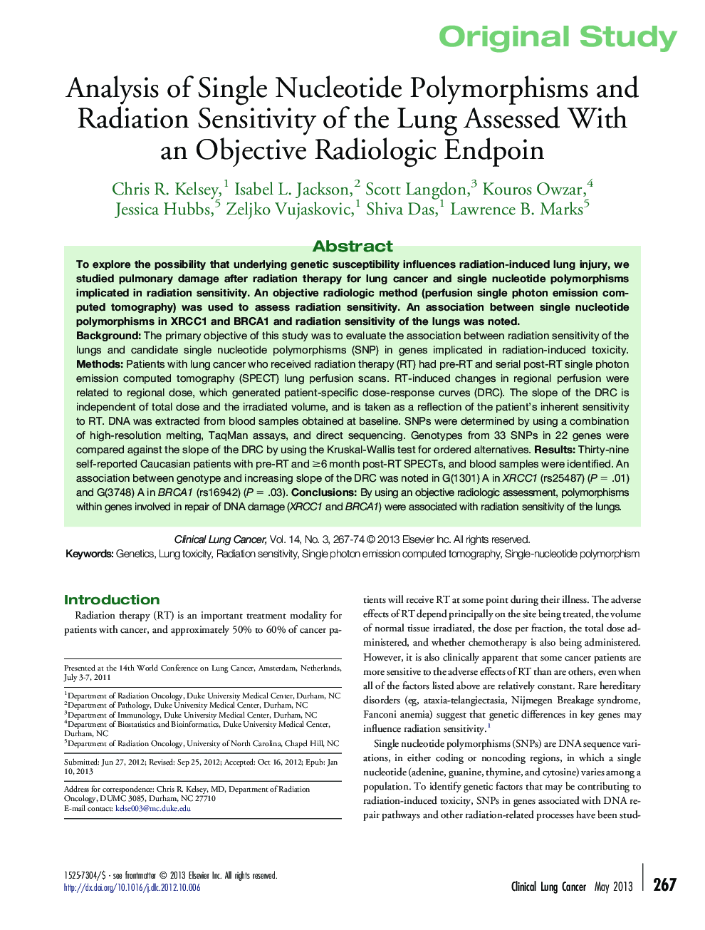 Analysis of Single Nucleotide Polymorphisms and Radiation Sensitivity of the Lung Assessed With an Objective Radiologic Endpoin