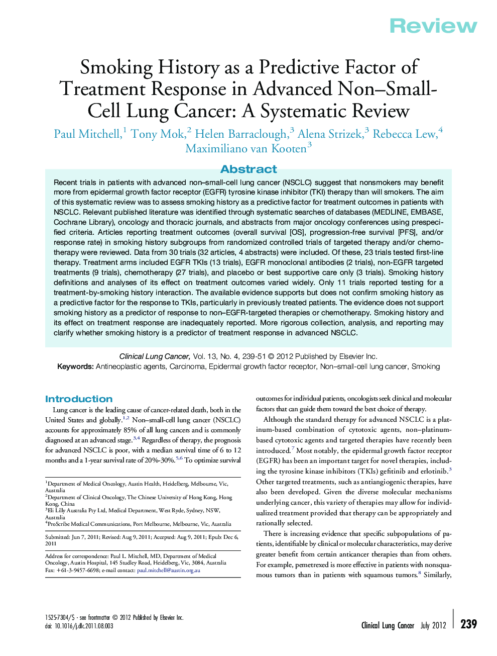 Smoking History as a Predictive Factor of Treatment Response in Advanced Non–Small-Cell Lung Cancer: A Systematic Review