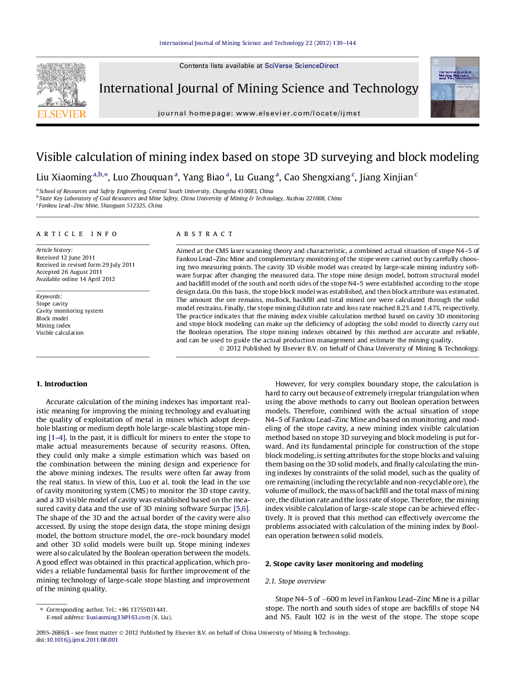 Visible calculation of mining index based on stope 3D surveying and block modeling