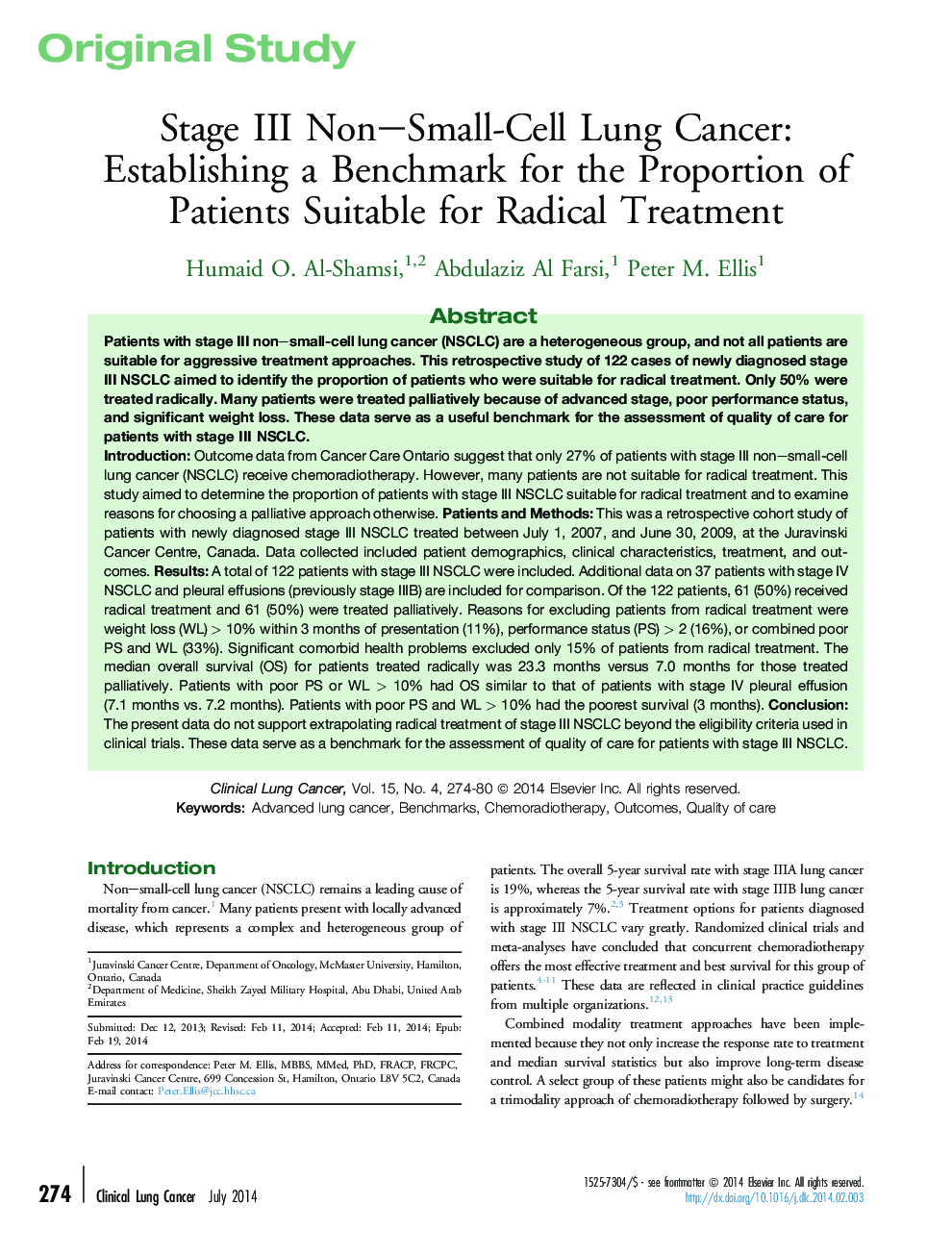 Stage III Non–Small-Cell Lung Cancer: Establishing a Benchmark for the Proportion of Patients Suitable for Radical Treatment