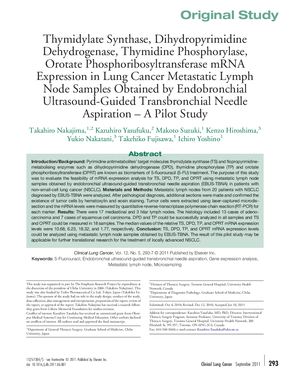 Thymidylate Synthase, Dihydropyrimidine Dehydrogenase, Thymidine Phosphorylase, Orotate Phosphoribosyltransferase mRNA Expression in Lung Cancer Metastatic Lymph Node Samples Obtained by Endobronchial Ultrasound-Guided Transbronchial Needle Aspiration – A