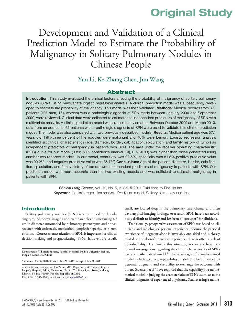 Development and Validation of a Clinical Prediction Model to Estimate the Probability of Malignancy in Solitary Pulmonary Nodules in Chinese People