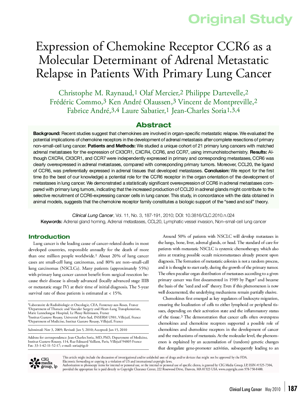 Expression of Chemokine Receptor CCR6 as a Molecular Determinant of Adrenal Metastatic Relapse in Patients With Primary Lung Cancer 