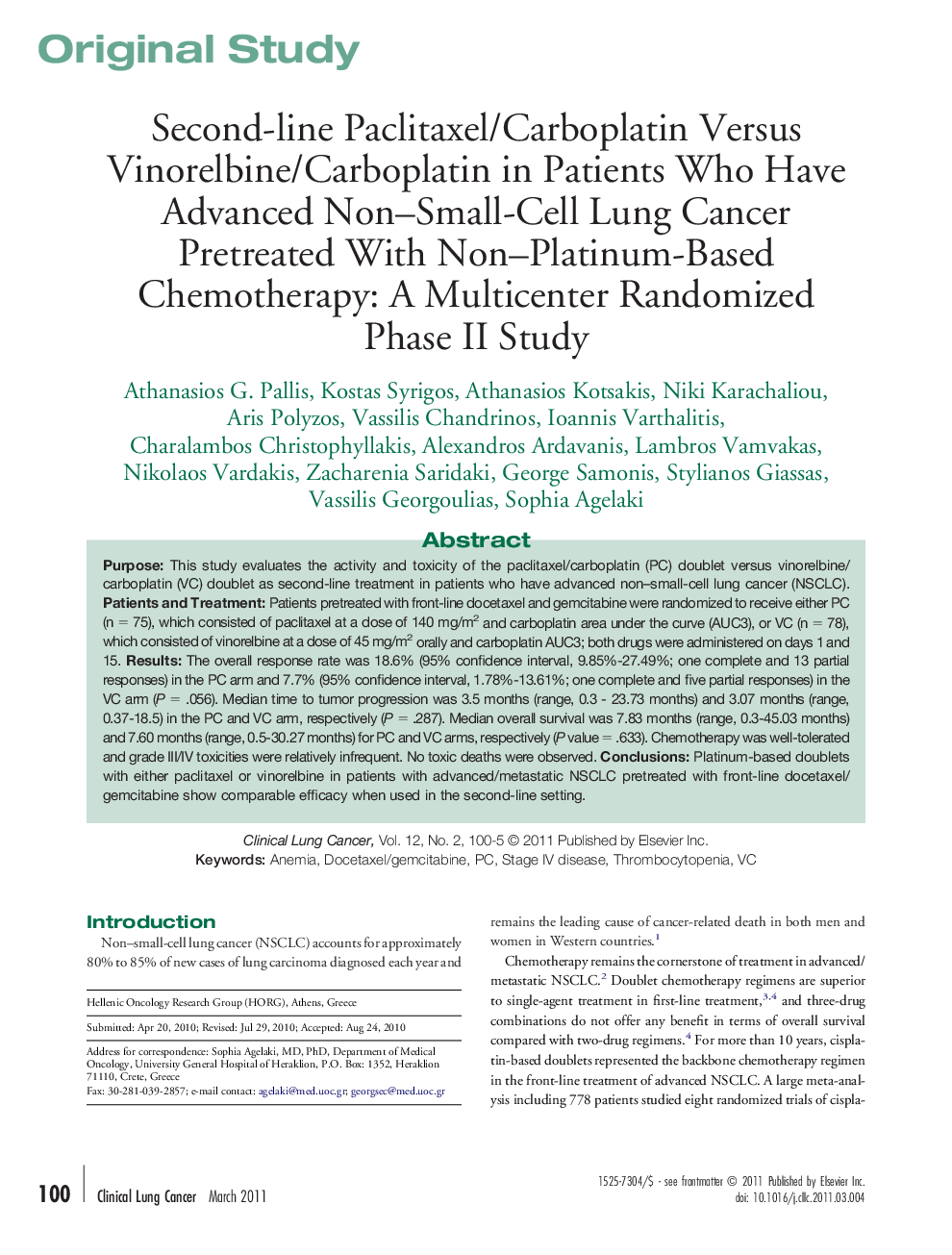 Second-line Paclitaxel/Carboplatin Versus Vinorelbine/Carboplatin in Patients Who Have Advanced Non–Small-Cell Lung Cancer Pretreated With Non–Platinum-Based Chemotherapy: A Multicenter Randomized Phase II Study