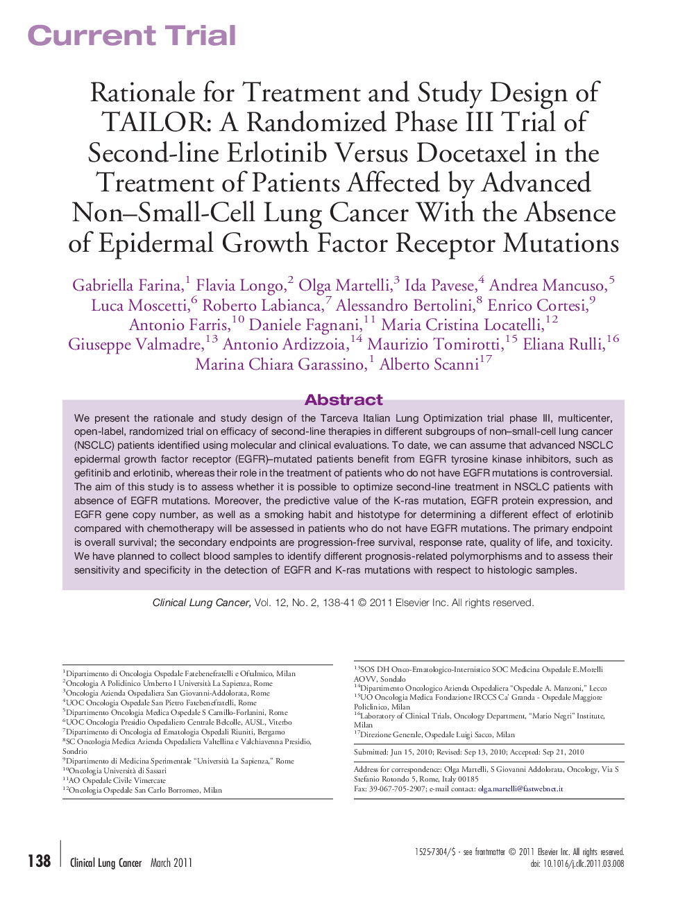 Rationale for Treatment and Study Design of TAILOR: A Randomized Phase III Trial of Second-line Erlotinib Versus Docetaxel in the Treatment of Patients Affected by Advanced Non–Small-Cell Lung Cancer With the Absence of Epidermal Growth Factor Receptor Mu