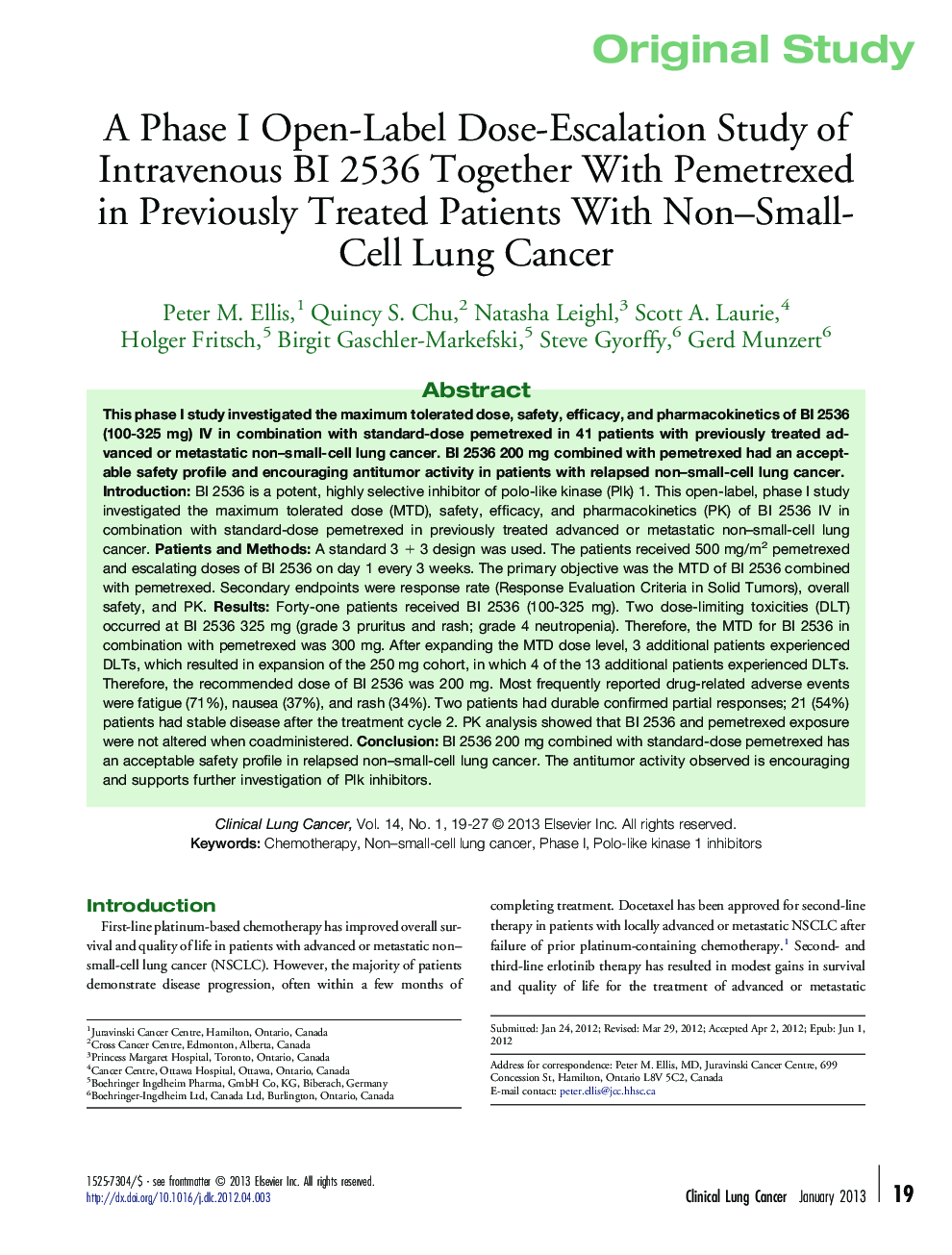 عکس صفحه اول مقاله: A Phase I Open-Label Dose-Escalation Study of Intravenous BI 2536 Together With Pemetrexed in Previously Treated Patients With Non–Small-Cell Lung Cancer A Phase I Open-Label Dose-Escalation Study of Intravenous BI 2536 Together With Pemetrexed in Previously Treated Patients With Non–Small-Cell Lung Cancer