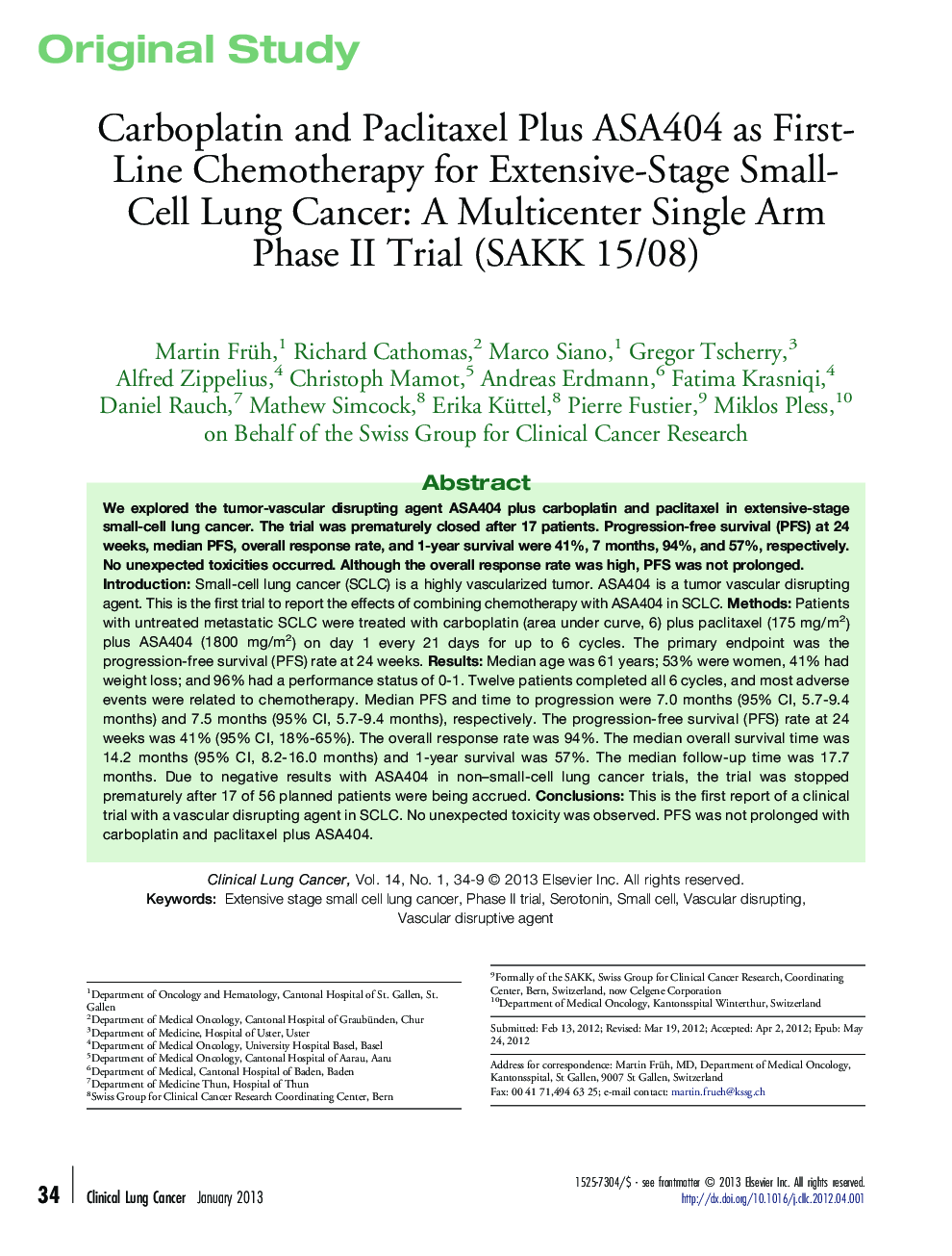 Carboplatin and Paclitaxel Plus ASA404 as First-Line Chemotherapy for Extensive-Stage Small-Cell Lung Cancer: A Multicenter Single Arm Phase II Trial (SAKK 15/08)