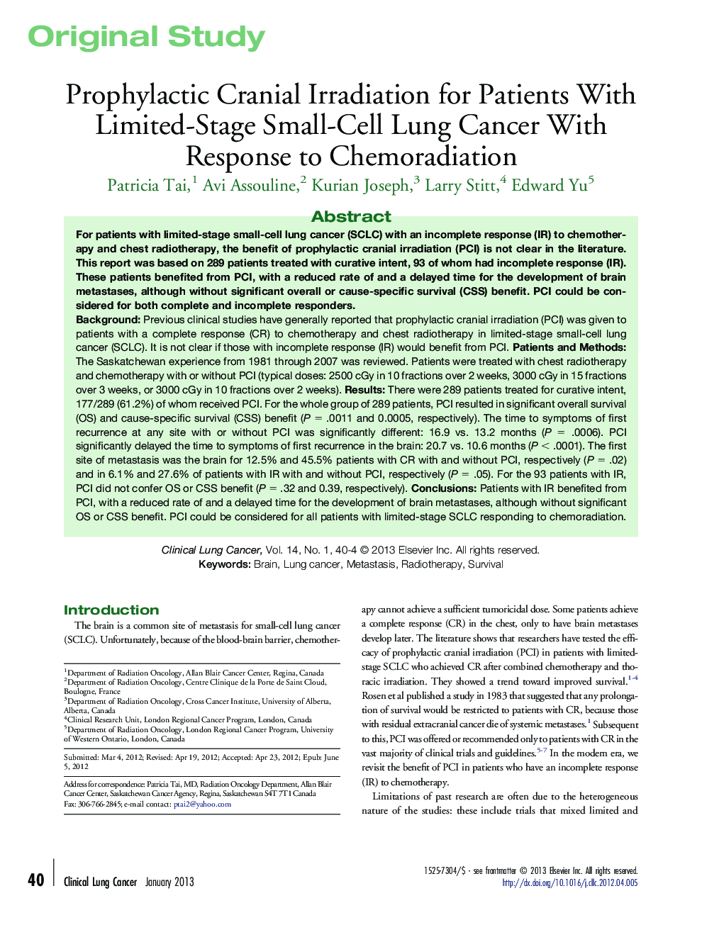 Prophylactic Cranial Irradiation for Patients With Limited-Stage Small-Cell Lung Cancer With Response to Chemoradiation