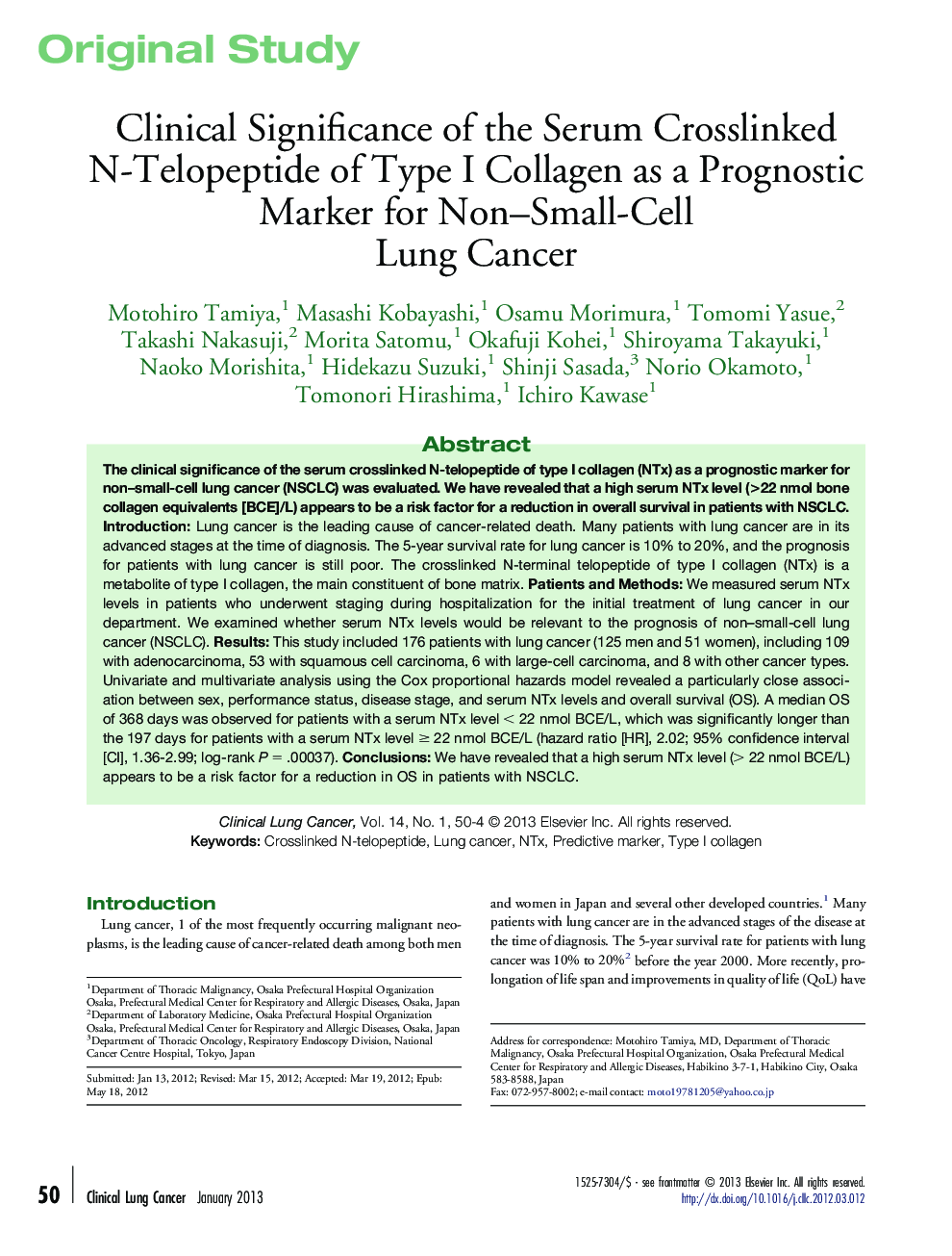 Clinical Significance of the Serum Crosslinked N-Telopeptide of Type I Collagen as a Prognostic Marker for Non–Small-Cell Lung Cancer