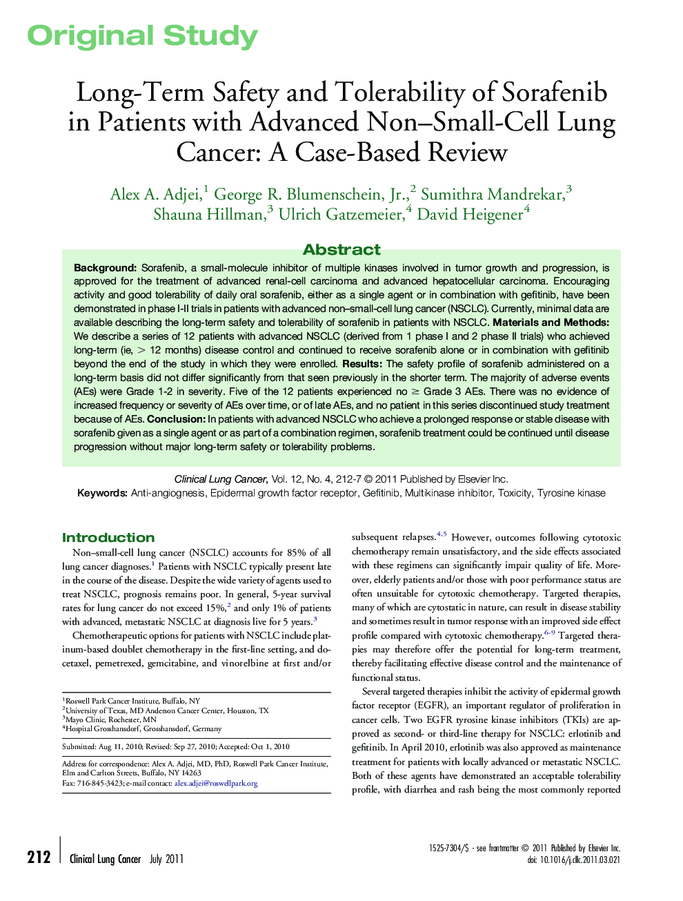 عکس صفحه اول مقاله: Long-Term Safety and Tolerability of Sorafenib in Patients with Advanced Non–Small-Cell Lung Cancer: A Case-Based Review Long-Term Safety and Tolerability of Sorafenib in Patients with Advanced Non–Small-Cell Lung Cancer: A Case-Based Review