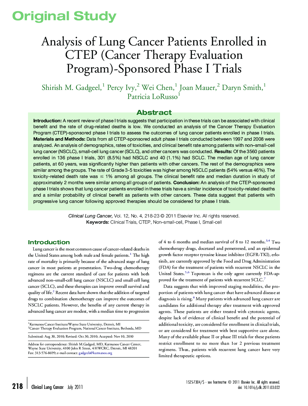 Analysis of Lung Cancer Patients Enrolled in CTEP (Cancer Therapy Evaluation Program)-Sponsored Phase I Trials