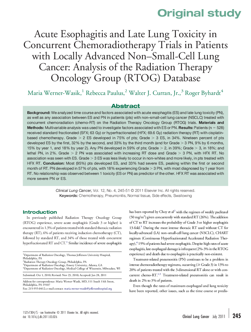 Acute Esophagitis and Late Lung Toxicity in Concurrent Chemoradiotherapy Trials in Patients with Locally Advanced Non–Small-Cell Lung Cancer: Analysis of the Radiation Therapy Oncology Group (RTOG) Database