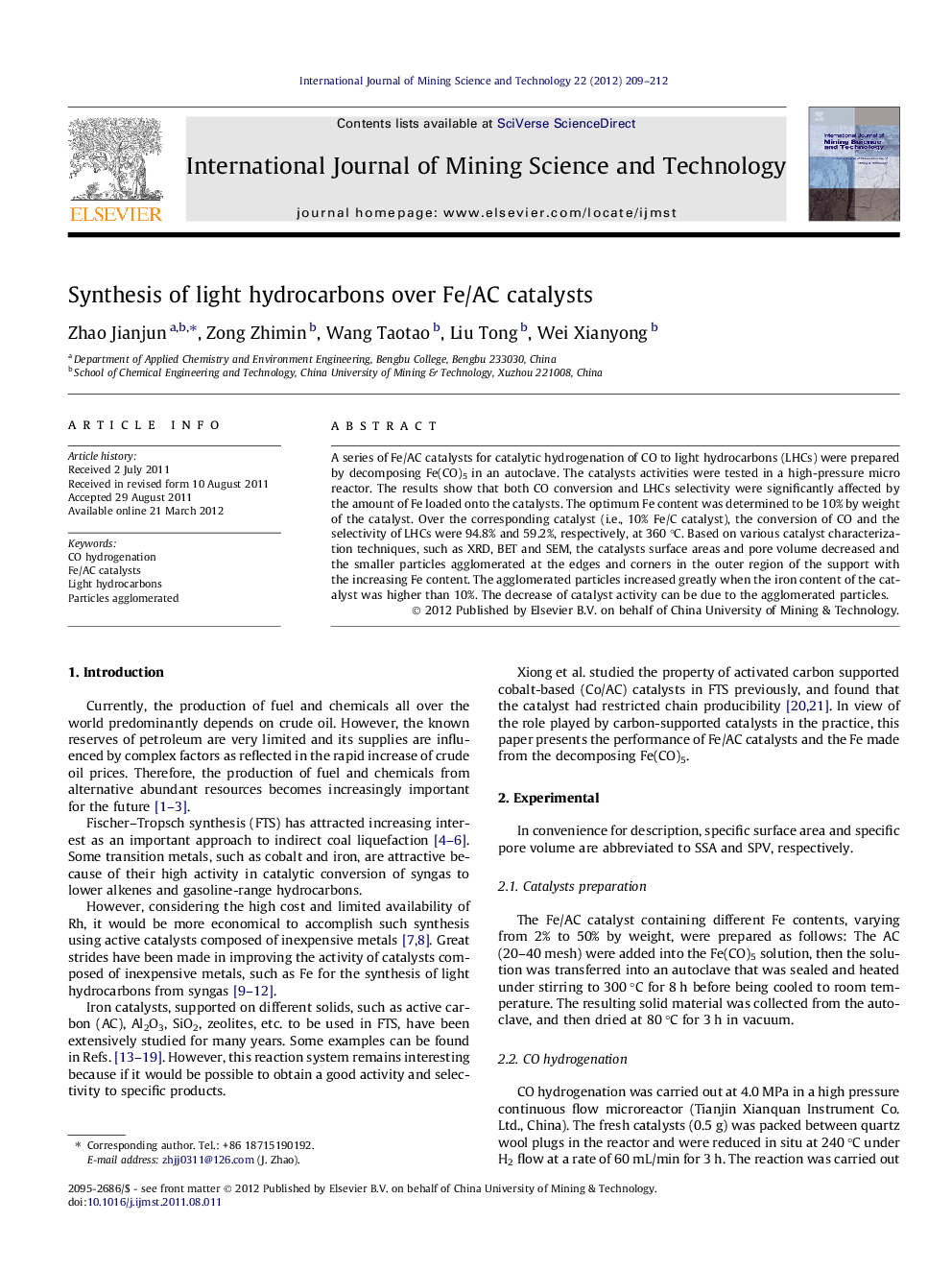 Synthesis of light hydrocarbons over Fe/AC catalysts