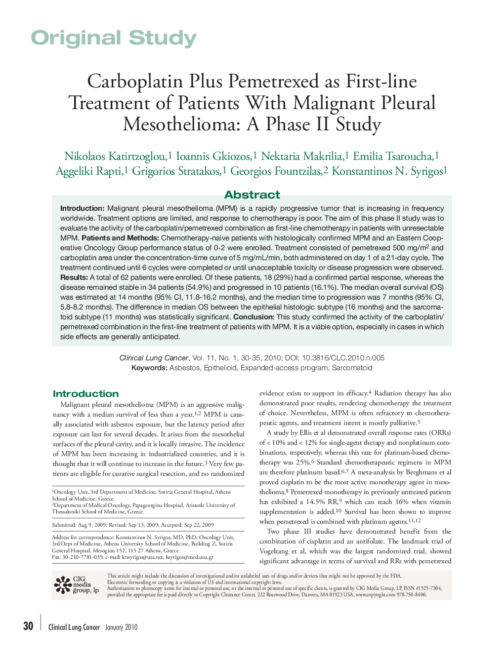 Carboplatin Plus Pemetrexed as First-line Treatment of Patients With Malignant Pleural Mesothelioma: A Phase II Study 