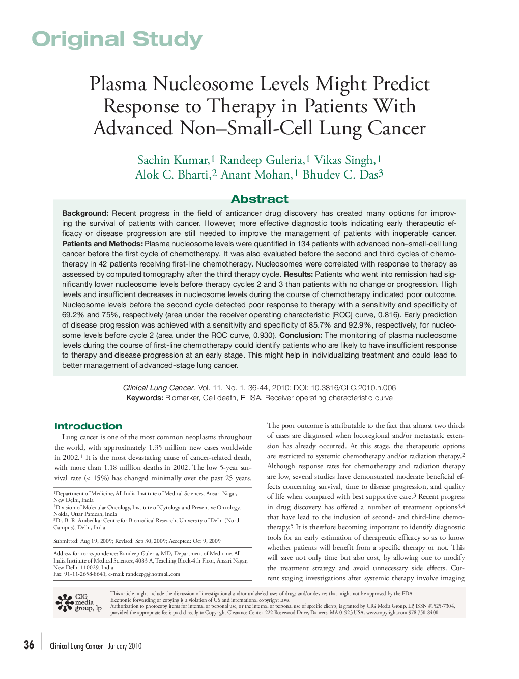 Plasma Nucleosome Levels Might Predict Response to Therapy in Patients With Advanced Non–Small-Cell Lung Cancer 