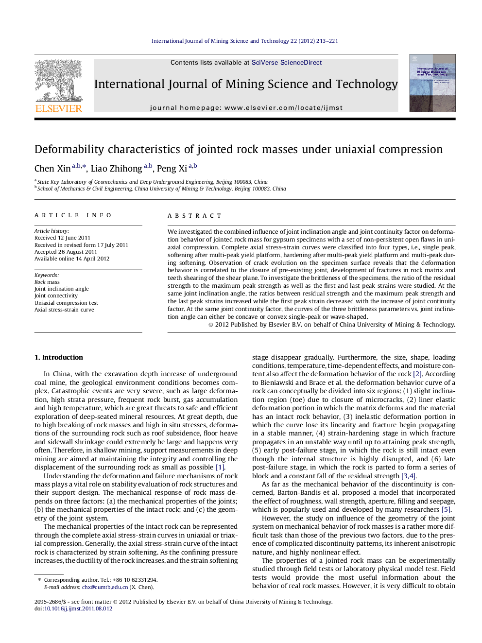 Deformability characteristics of jointed rock masses under uniaxial compression