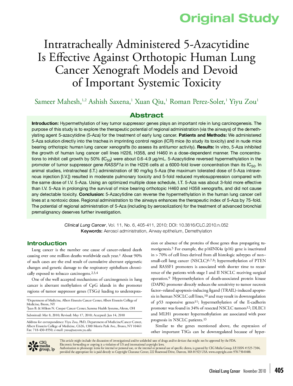 Intratracheally Administered 5-Azacytidine Is Effective Against Orthotopic Human Lung Cancer Xenograft Models and Devoid of Important Systemic Toxicity 