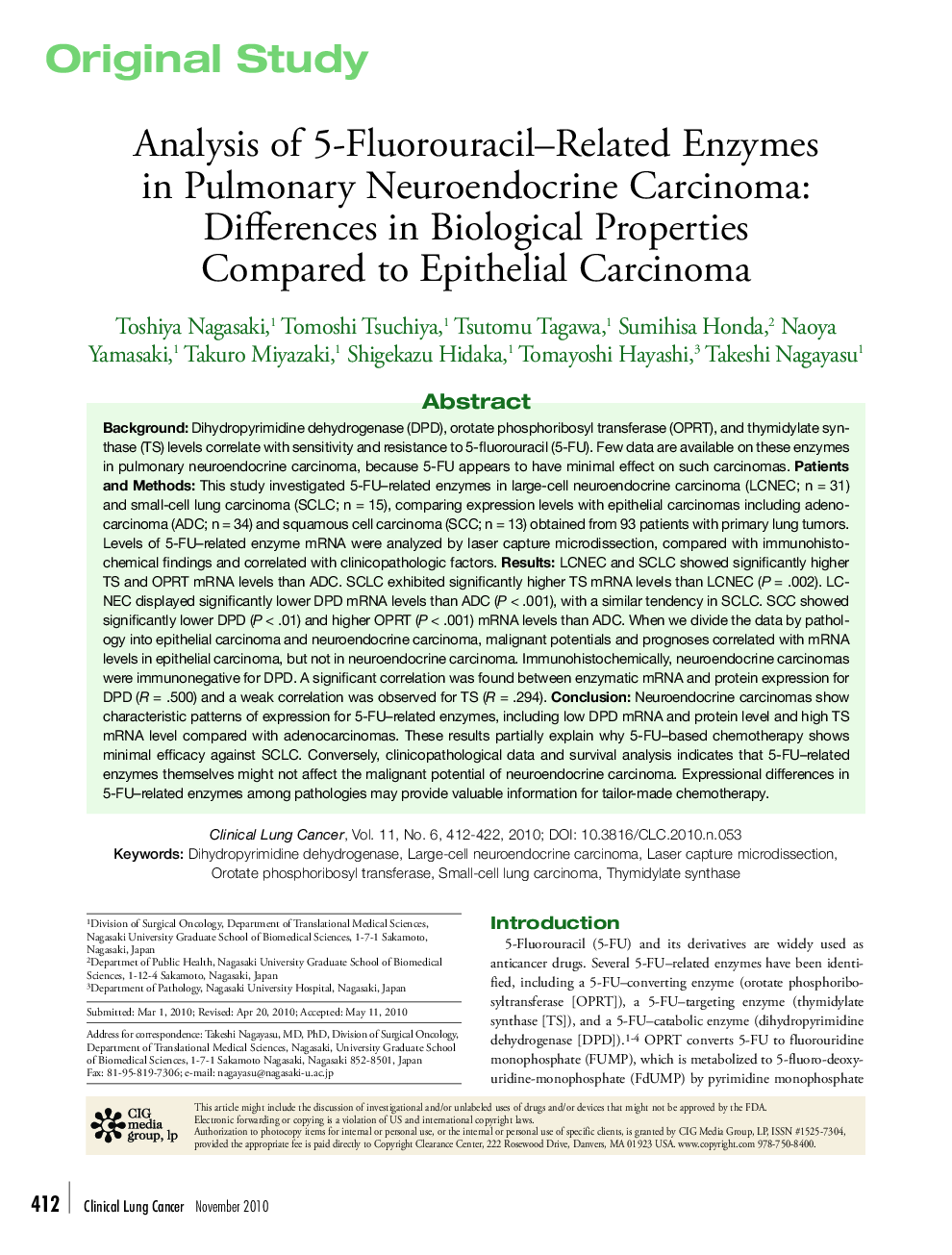 Analysis of 5-Fluorouracil–Related Enzymes in Pulmonary Neuroendocrine Carcinoma: Differences in Biological Properties Compared to Epithelial Carcinoma 