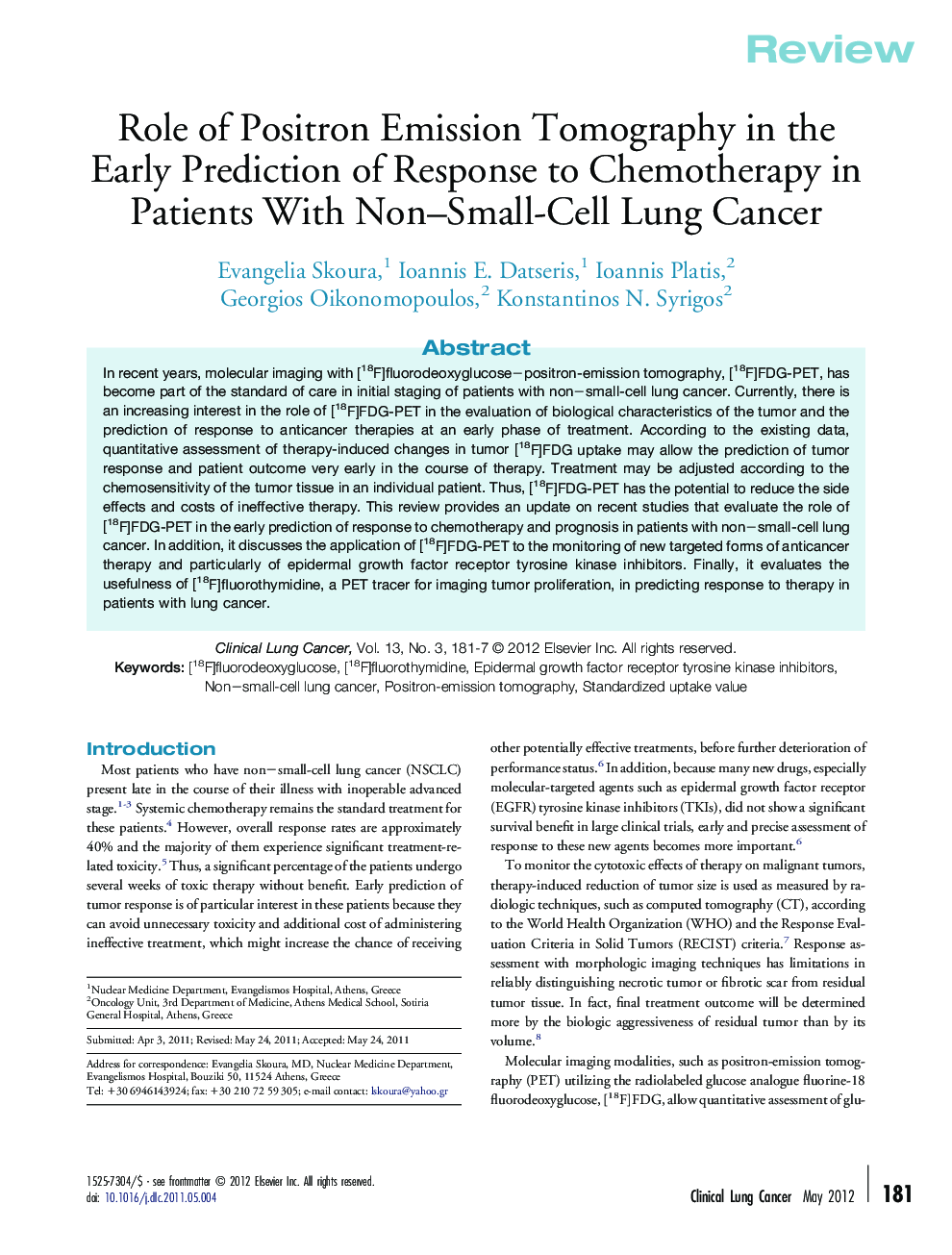 Role of Positron Emission Tomography in the Early Prediction of Response to Chemotherapy in Patients With Non–Small-Cell Lung Cancer