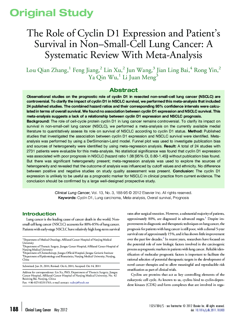 The Role of Cyclin D1 Expression and Patient's Survival in Non–Small-Cell Lung Cancer: A Systematic Review With Meta-Analysis