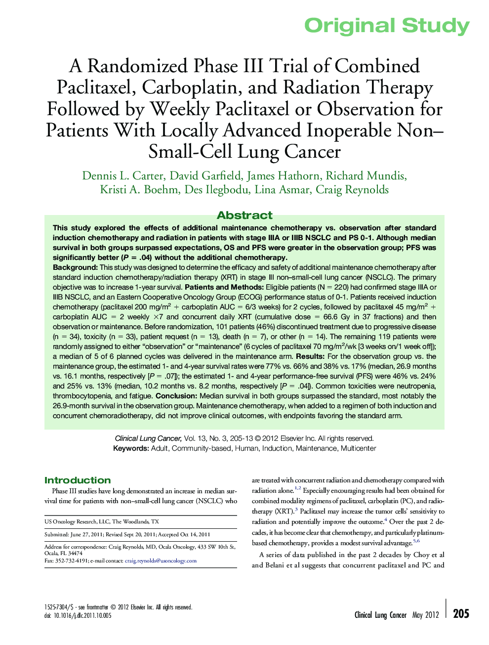 A Randomized Phase III Trial of Combined Paclitaxel, Carboplatin, and Radiation Therapy Followed by Weekly Paclitaxel or Observation for Patients With Locally Advanced Inoperable Non–Small-Cell Lung Cancer
