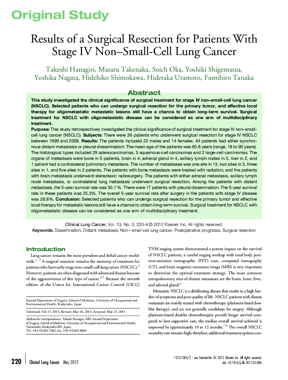 Results of a Surgical Resection for Patients With Stage IV Non–Small-Cell Lung Cancer