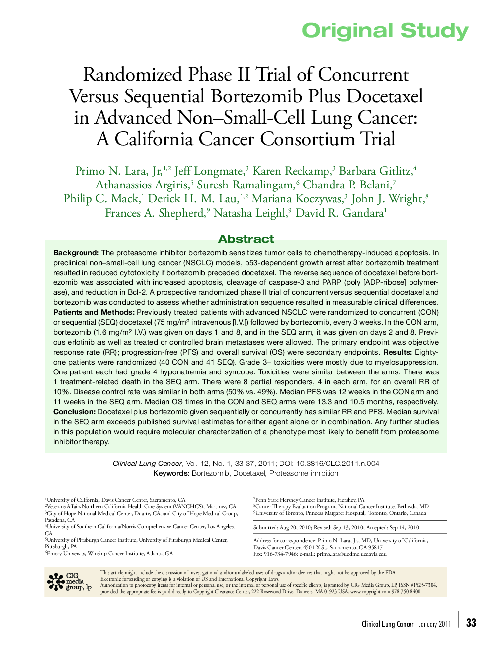 Randomized Phase II Trial of Concurrent Versus Sequential Bortezomib Plus Docetaxel in Advanced Non–Small-Cell Lung Cancer: A California Cancer Consortium Trial 