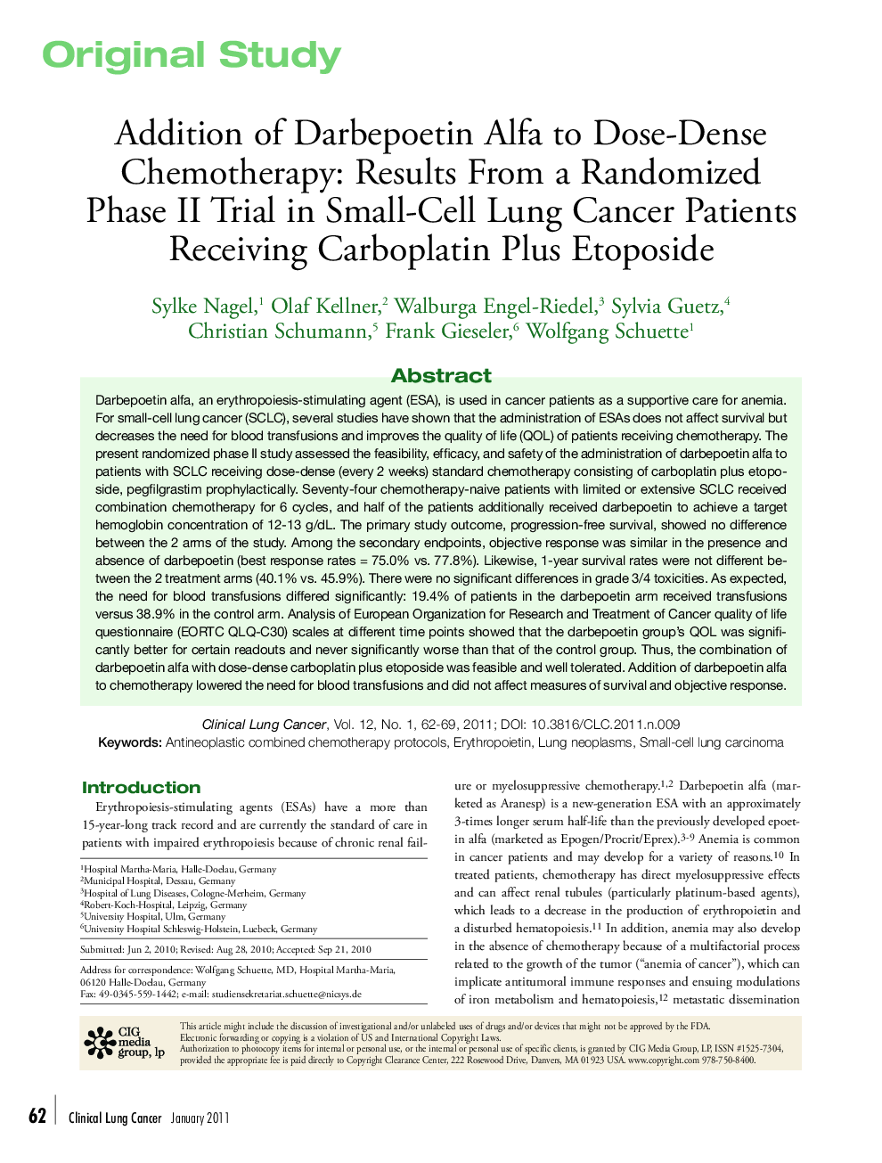 Addition of Darbepoetin Alfa to Dose-Dense Chemotherapy: Results From a Randomized Phase II Trial in Small-Cell Lung Cancer Patients Receiving Carboplatin Plus Etoposide 