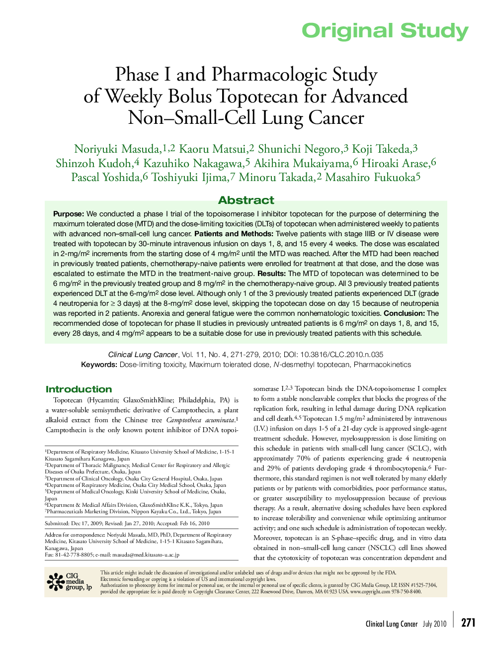 Phase I and Pharmacologic Study of Weekly Bolus Topotecan for Advanced Non-Small-Cell Lung Cancer